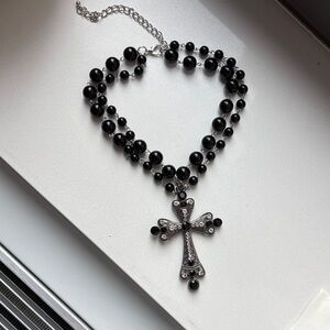 Black Beaded Cross Pendant Necklace